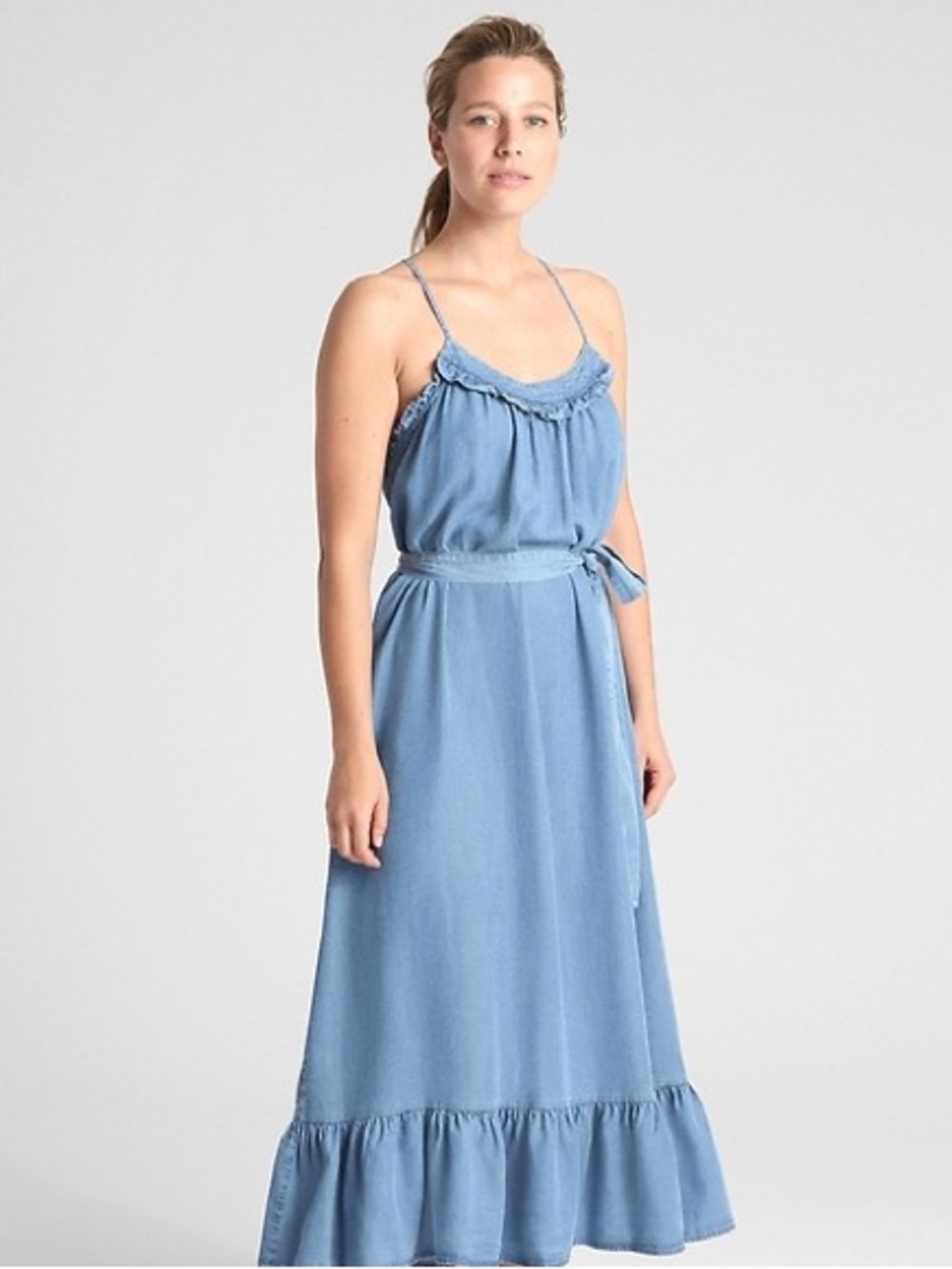 NWT Gap Women’s Blue Jean Ruffle Cami Maxi Dress in TENCEL Size Large